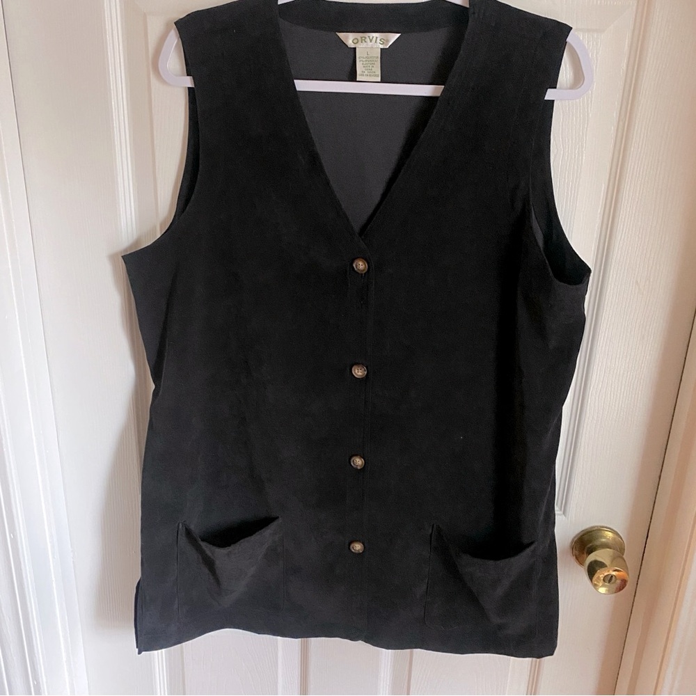 Orvis Black Faux Suede Look Button Front Long Vest Large